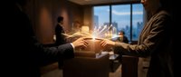 Business partnership handshake with glowing light effect symbolizing successful deal and collaboration in modern office setting.