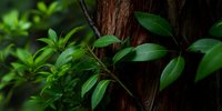 Fresh green leaves growing against dark tree bark in natural forest environment, creating organic contrast for nature and environmental themes.