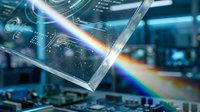 Crystal prism refracting light into rainbow spectrum over circuit board and microchip technology background, representing data science and innovation.