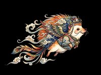 Flying hedgehog warrior in ornate Asian folk art style, isolated on transparent background, ready for t-shirt design, stickers, clipart, and print on demand use.