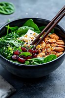 Fresh salad bowl with spinach, broccoli, cranberries, feta cheese, almonds and sesame seeds in black ceramic bowl with chopsticks on dark background.