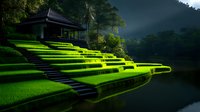 Tranquil Asian garden with illuminated green terraces cascading toward serene pond, traditional pavilion nestled among lush tropical foliage at misty dawn.