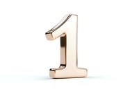 Metallic rose gold number one on white background, dimensional numeral symbol with glossy reflective surface and clean modern design for anniversary or ranking.