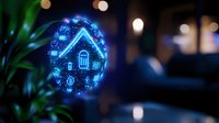 Glowing blue hologram of smart home technology with connected IoT devices and automation symbols floating in dark space with bokeh lights and plant silhouette.