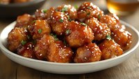 Glazed chicken meatballs garnished with fresh herbs on white ceramic plate, coated in sweet and savory Asian-style sauce with sesame seeds.