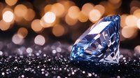 Blue diamond on dark surface with golden bokeh lights in background creates luxurious atmosphere. Precious gem sparkles with brilliant cut facets.