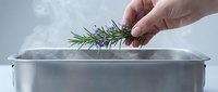 Hand placing fresh rosemary herb into boiling water in metal pot with steam rising, cooking ingredient preparation for culinary use.