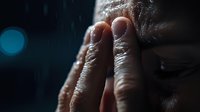 Close up of fingers pressed against forehead showing stress, anxiety and mental health concerns against dark background with dramatic lighting and bokeh effect.