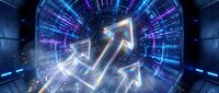 Glowing upward arrows on digital circuit background symbolizing growth, success, and financial progress in technology and business analytics.