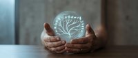 Hands cupping glowing brain hologram representing artificial intelligence, neural networks, and digital innovation for technology and business concepts.