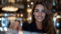 Young Mediterranean woman with wavy brown hair and bright smile wearing black top in restaurant setting with soft bokeh lights and warm ambiance in background.