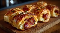 Golden puff pastry rolls filled with bacon and herbs on wooden cutting board, freshly baked savory appetizers for breakfast or party catering.