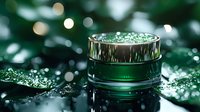 Luxury green cosmetic cream jar on dark background with glitter and bokeh effects, reflecting premium skincare product photography for beauty industry marketing.