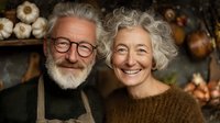 Happy senior Caucasian couple smiling warmly in cozy kitchen with autumn vegetables and pumpkins, embracing love and togetherness in golden light.