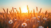Golden wheat field with wild daisies at sunset, sun rays streaming through stalks creating magical warm atmosphere in rural countryside landscape.