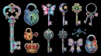 Vintage ornamental keys and locks collection isolated on transparent background, featuring decorative heart-shaped, butterfly, crown, and bow designs. Ready for clipart, t-shirt designs, stickers, sublimation, and print-on-demand projects.