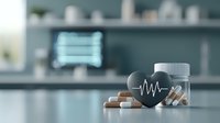 Medical pills and prescription bottle with heart rate symbol on dark surface against blurred pharmacy background. Healthcare and cardiology concept.