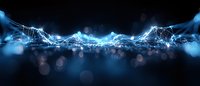 Abstract blue energy wave with glowing light particles and network connections on dark background, representing digital technology or data visualization.