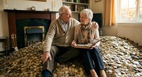Senior Caucasian couple sitting together on floral sofa reading book in cozy living room with fireplace and bookshelves creating warm domestic scene.