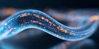 Glowing blue wave with digital particles flowing in curved motion against dark background, representing data stream and technology concept.