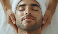 Young Hispanic man with stubble beard receiving relaxing facial massage at spa, wearing white headband, eyes closed in peaceful expression during wellness treatment.