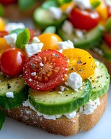 Fresh open-faced sandwich with sliced cucumber, cherry tomatoes, feta cheese and basil on toasted bread. Seasoned with black pepper and herbs for appetizer or lunch.