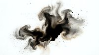 Abstract black ink splash with flowing organic shapes and droplets on white background for creative design projects.