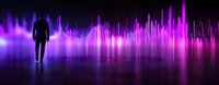 Silhouette of person walking through glowing purple sound wave visualization on dark background with reflection, creating futuristic audio spectrum display.