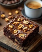 Homemade chocolate brownie with walnuts on wooden board, coffee cup and roasted coffee beans in background, close up view of moist fudgy dessert.