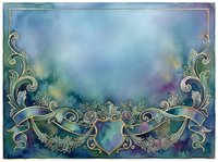 Watercolor baroque frame with ornate scrollwork, ribbon, and roses on a blue-green textured background, perfect for elegant invitations and certificates.