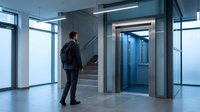 Young businessman in casual attire standing in modern office lobby with elevator and staircase, making decision between transportation options in corporate building.