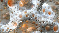 Macro photography of soap bubbles with orange and white gradient colors creating abstract organic pattern with spherical shapes and light reflections.