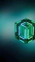 Glowing neon cube with green and blue luminescent edges on dark teal background. Modern tech and digital design element for contemporary graphics and futuristic projects.