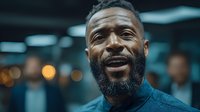 Professional African American businessman with beard smiling confidently in modern office environment with blurred background lights.