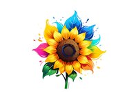 Vibrant multicolored sunflower with rainbow petals and paint splash effects on white background, perfect for creative design projects, greeting cards and artistic merchandise decoration.