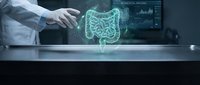 Doctor examining holographic intestinal system display in modern medical facility for digestive health diagnosis and treatment planning.