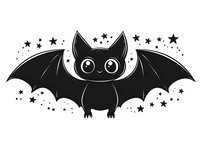 Cute cartoon bat with big eyes and wings spread wide surrounded by stars and dots on white background, isolated design element for Halloween decor and prints.
