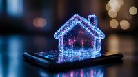 Glowing blue hologram house projection above smartphone screen with bokeh lights in background, futuristic real estate technology concept.
