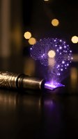 Ornate fountain pen with glowing purple digital brain hologram emerging from tip, circuit board patterns, artificial intelligence writing concept on dark background.