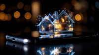 Digital smart home concept with glowing house hologram on smartphone screen against dark background with bokeh lights and reflection.