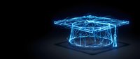 Glowing neon wireframe graduation cap on dark background, representing digital education, online learning, and modern academic achievement in technology.