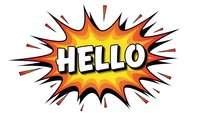 Comic book style explosion bubble with HELLO text in bold white letters on orange and yellow burst background isolated on white for graphic design.