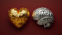 Golden heart and silver brain on dark background symbolizing emotional and rational intelligence balance, decision making concept for psychology and neuroscience designs.