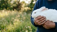 Man holding white rabbit in arms outdoors with green garden background, suitable for agriculture, pet care, and farming content.