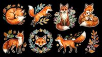Cute fox character collection with autumn foliage, isolated on transparent background. Ready for t-shirt design, clipart, stickers, sublimation, print-on-demand products and digital crafts.