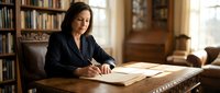 Young woman with dark hair and olive complexion, wearing professional black blazer, writing in notebook at wooden desk in traditional library setting with bookshelves and warm lighting.