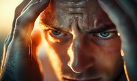 Dramatic close-up portrait of intense blue eyes under hood with golden sunlight creating mysterious shadows and dramatic lighting effect for cinematic atmosphere.