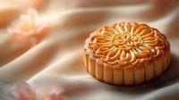 Traditional mooncake with ornate floral pattern on top served on soft pink silk fabric background, celebrating Mid-Autumn Festival cuisine.