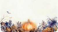 Watercolor autumn harvest scene with pumpkins, jack-o-lanterns, dried branches, and fall foliage in warm orange and cool blue tones for seasonal design projects.
