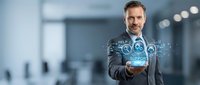 Professional businessman presenting digital customer service interface with holographic support icons in modern office environment for business technology concepts.